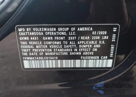 2020 Volkswagen Passat 2.0T R-Line from USA, damaged, VIN 1VWMA7A35LC013410